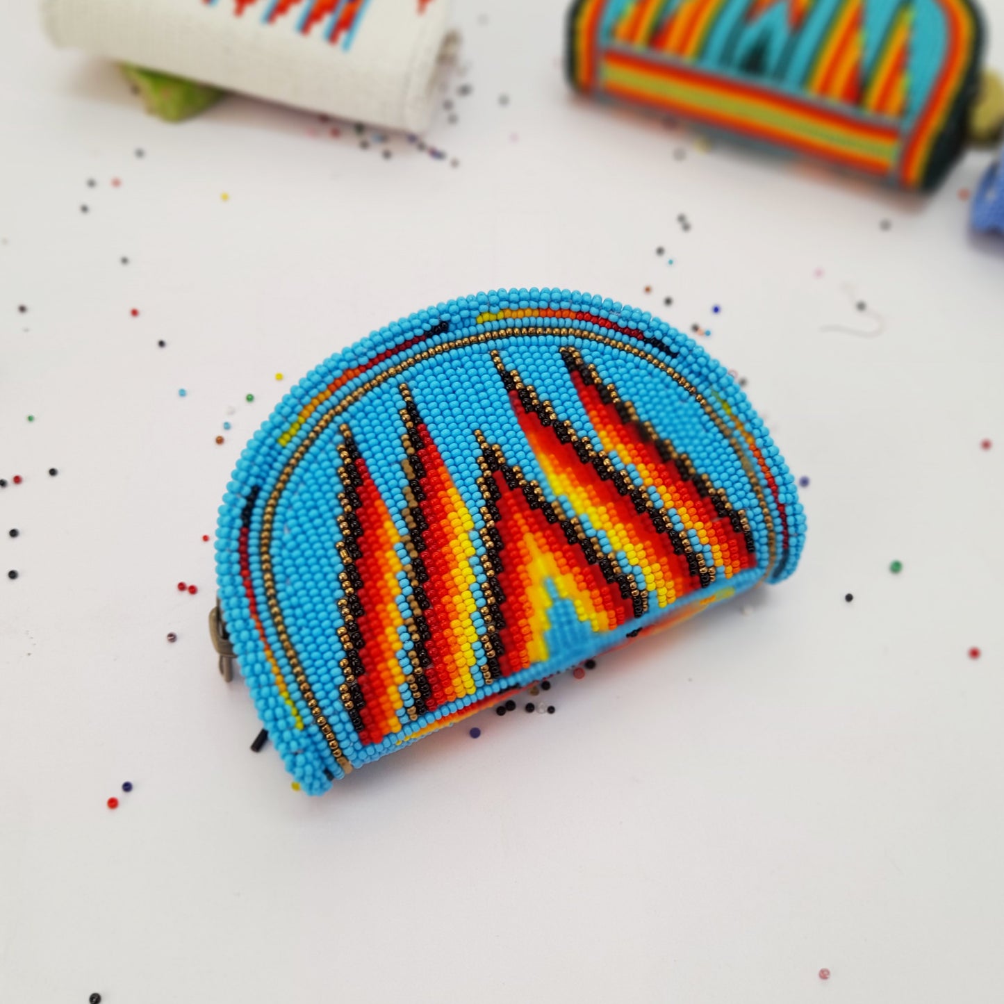Sky-Blue Native American Beaded Coin Purse, Change Purse For Women, Zippered Change Pouch Wallet, Small Leather Pouch, designer key pouch