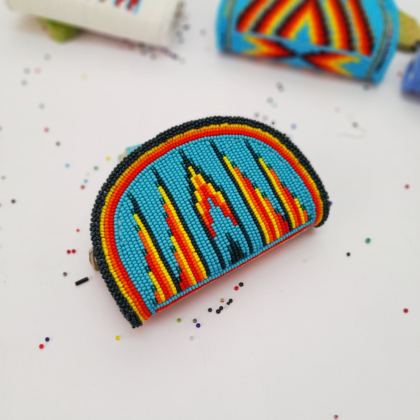 Sky-Blue & Green Native American Beaded Coin Purse, Change Purse For Women, Zippered Change Pouch Wallet, Small Leather Pouch, designer key pouch