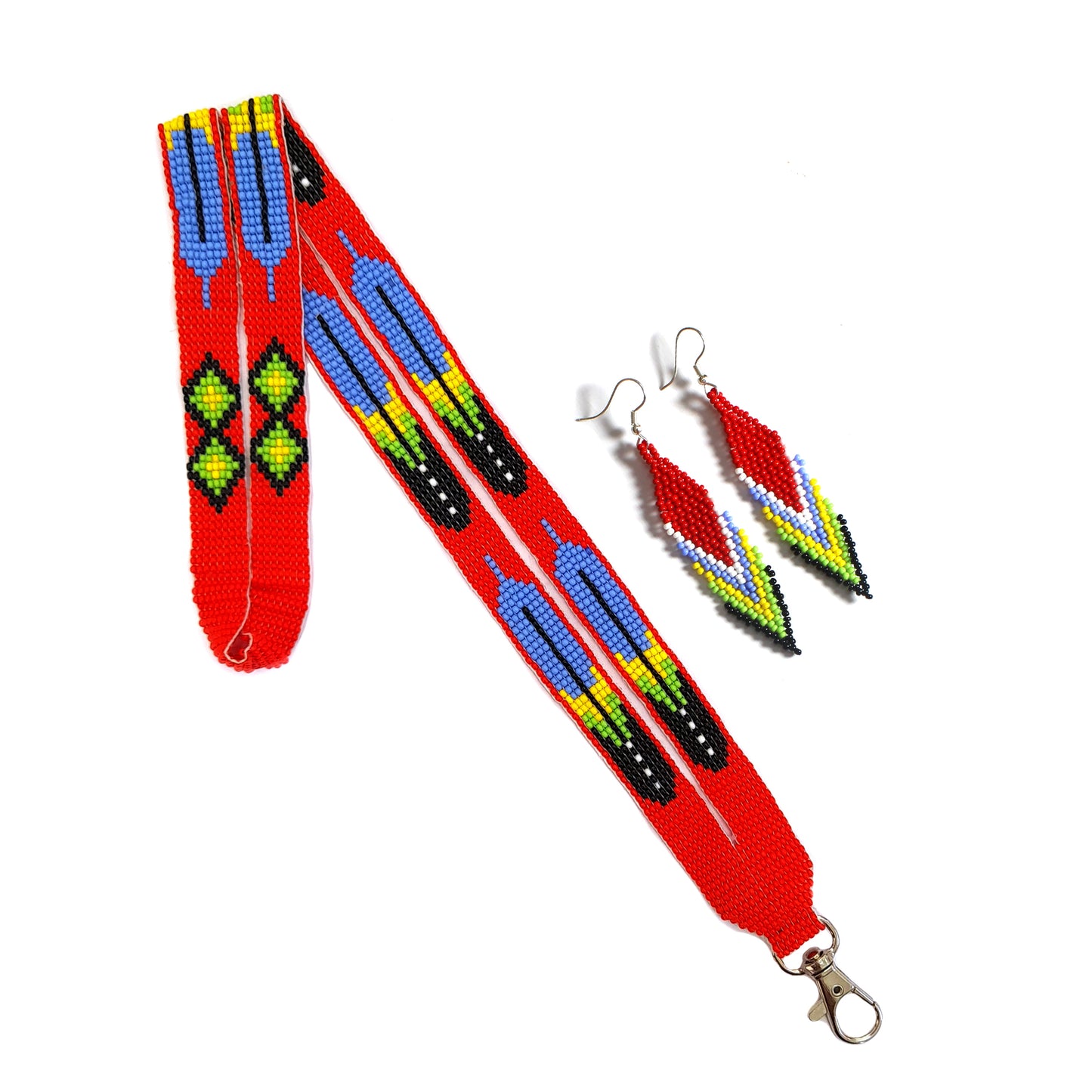 Red Multi Feather beaded lanyard with matching Beaded Earrings, Native American Lanyard, beaded badge holder, ID card holder