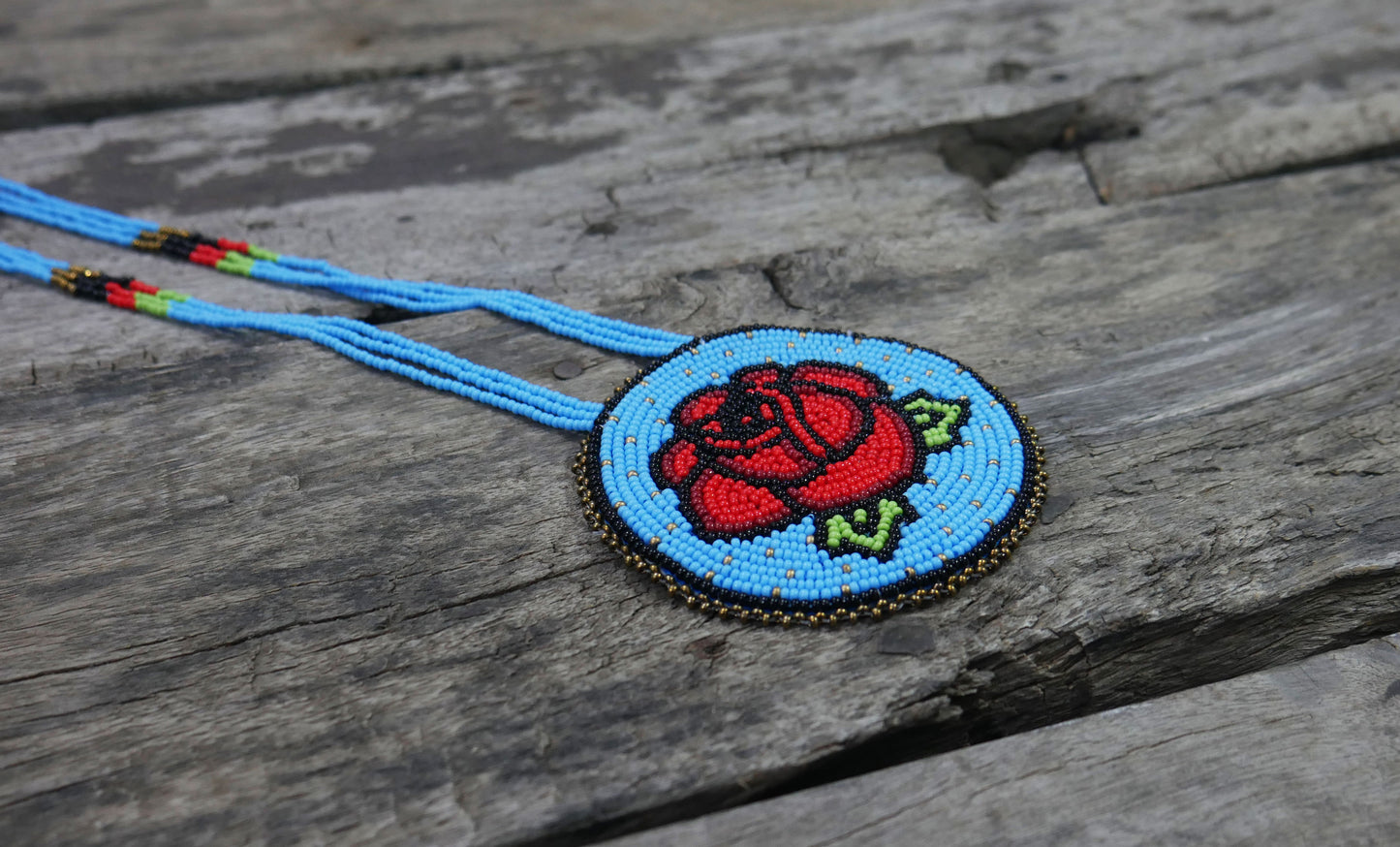 Sky-Blue Native American Rose Beaded Medallion Necklace ( Handmade )