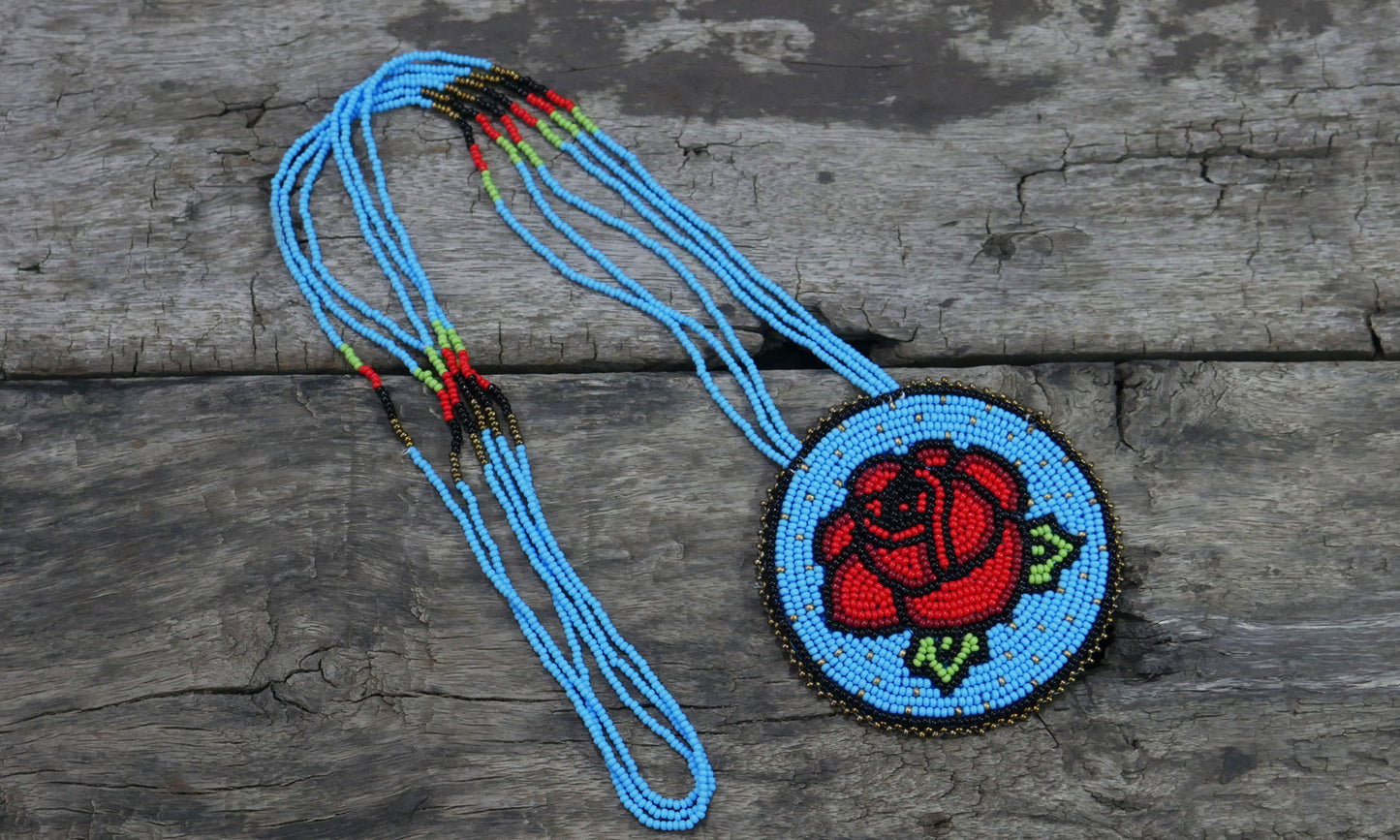Sky-Blue Native American Rose Beaded Medallion Necklace ( Handmade )