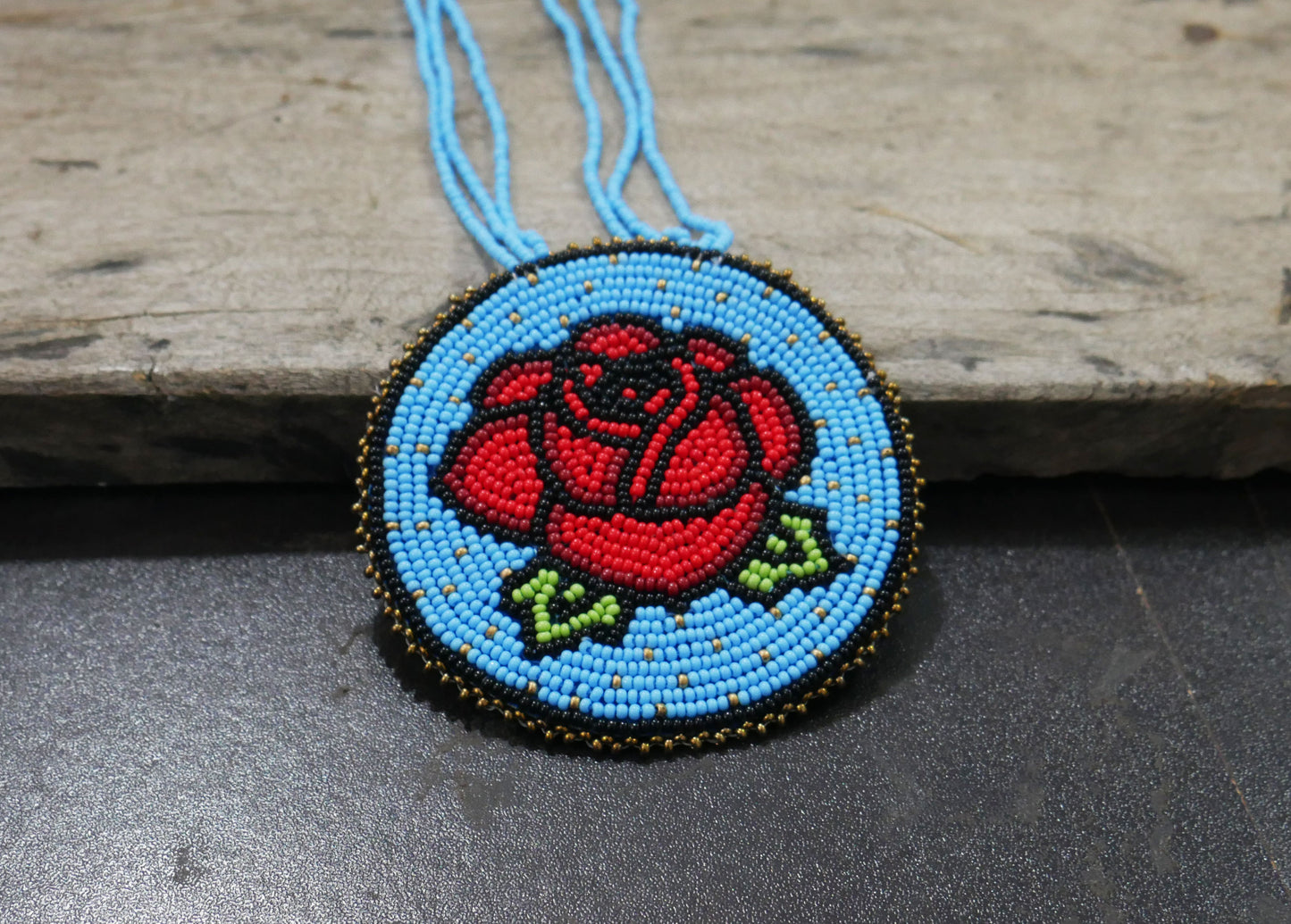 Sky-Blue Native American Rose Beaded Medallion Necklace ( Handmade )