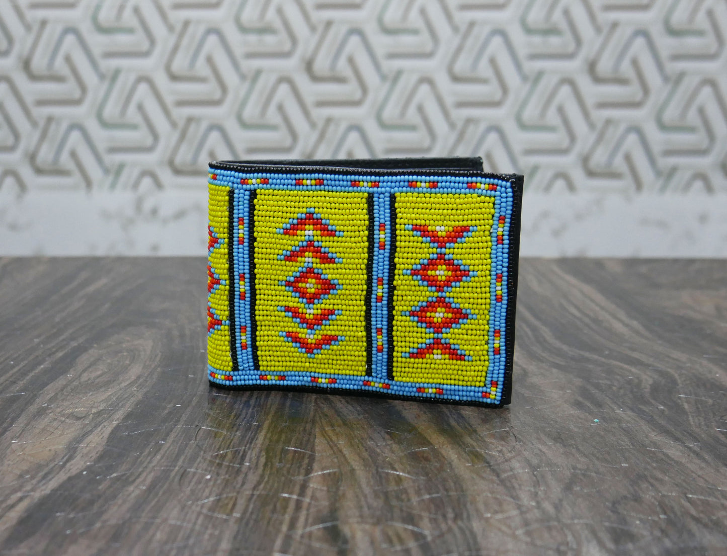 Yellow Handmade beaded Leather Wallet seed bead Native American Beadwork| traditional gifts for men and women