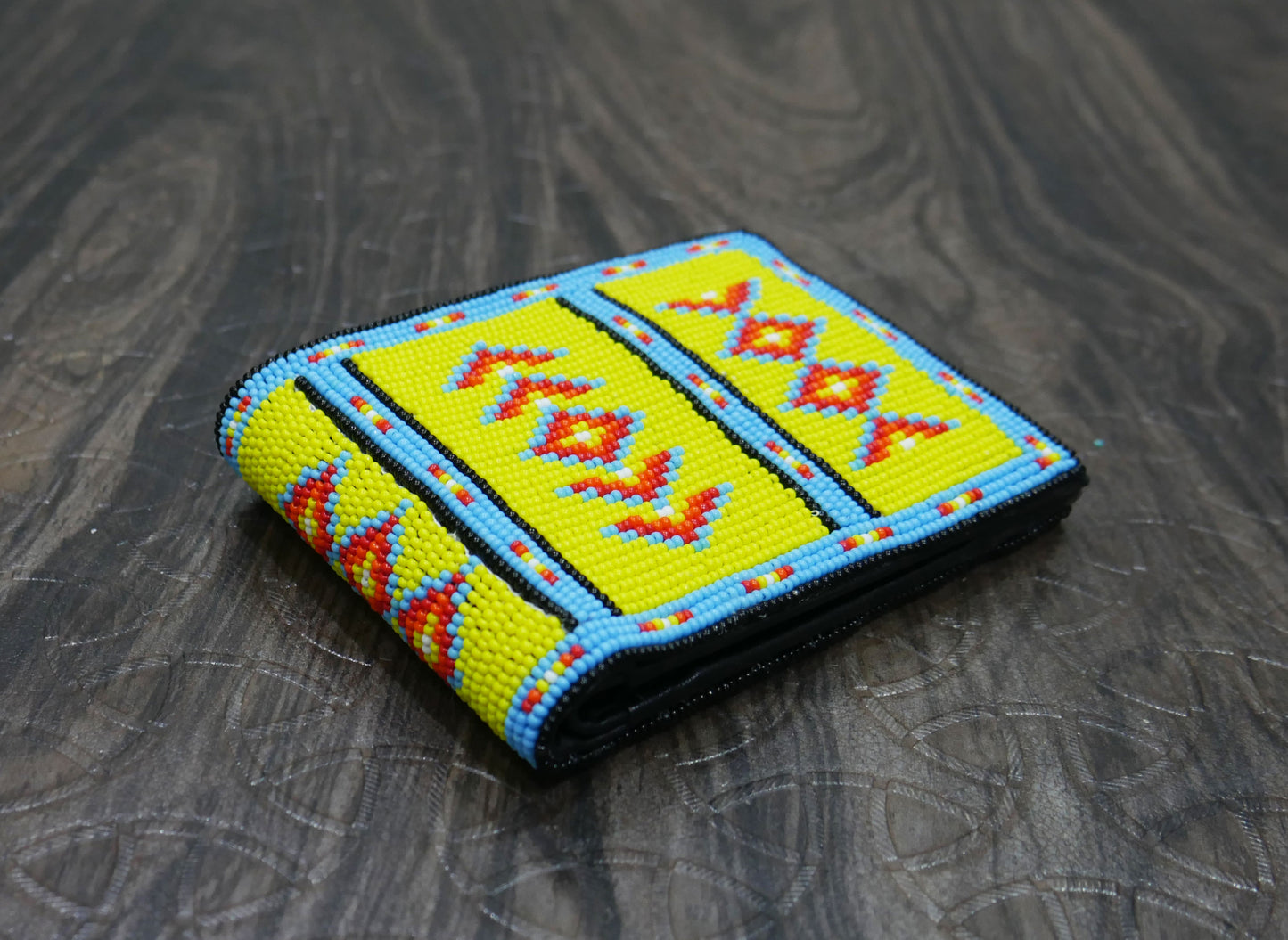 Yellow Handmade beaded Leather Wallet seed bead Native American Beadwork| traditional gifts for men and women