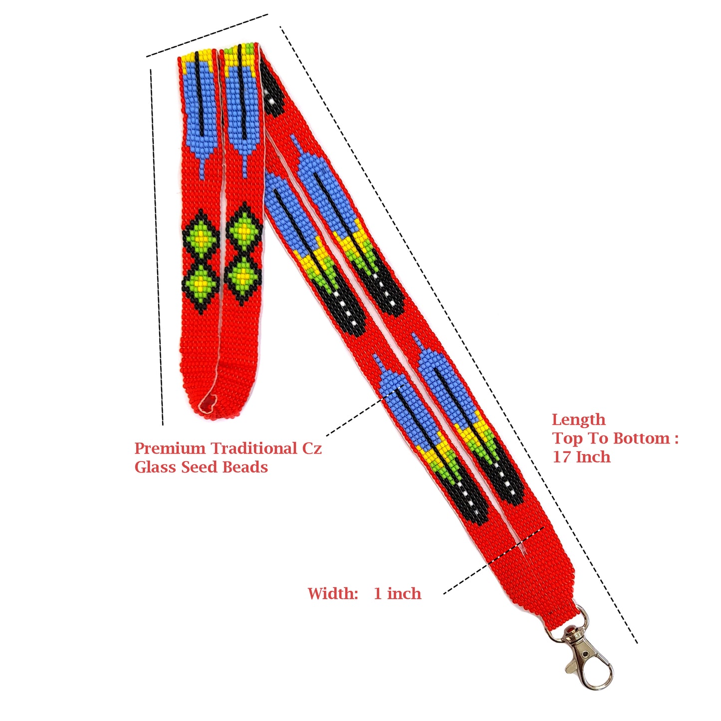 Red Multi Feather beaded lanyard with matching Beaded Earrings, Native American Lanyard, beaded badge holder, ID card holder