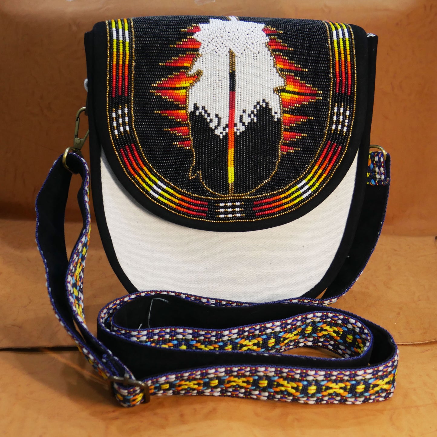 Handmade Beaded Canvas Crossbody Bag , Shoulder Bag, Gift for Her, Gift for him (Black Feather)