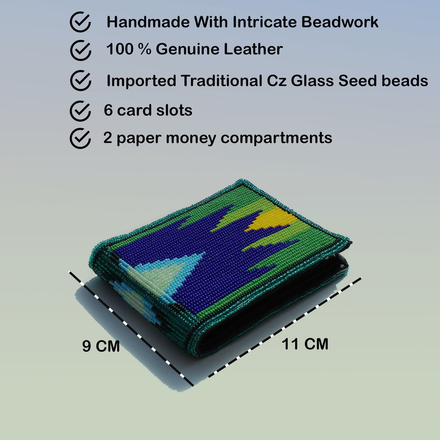 Green & Blue Handmade beaded Leather Wallet seed bead Native American Beadwork| traditional gifts for men and women