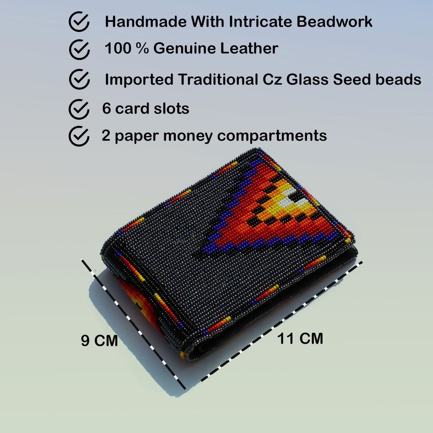 Hematite Handmade beaded Leather Wallet seed bead Native American Beadwork| traditional gifts for men and women