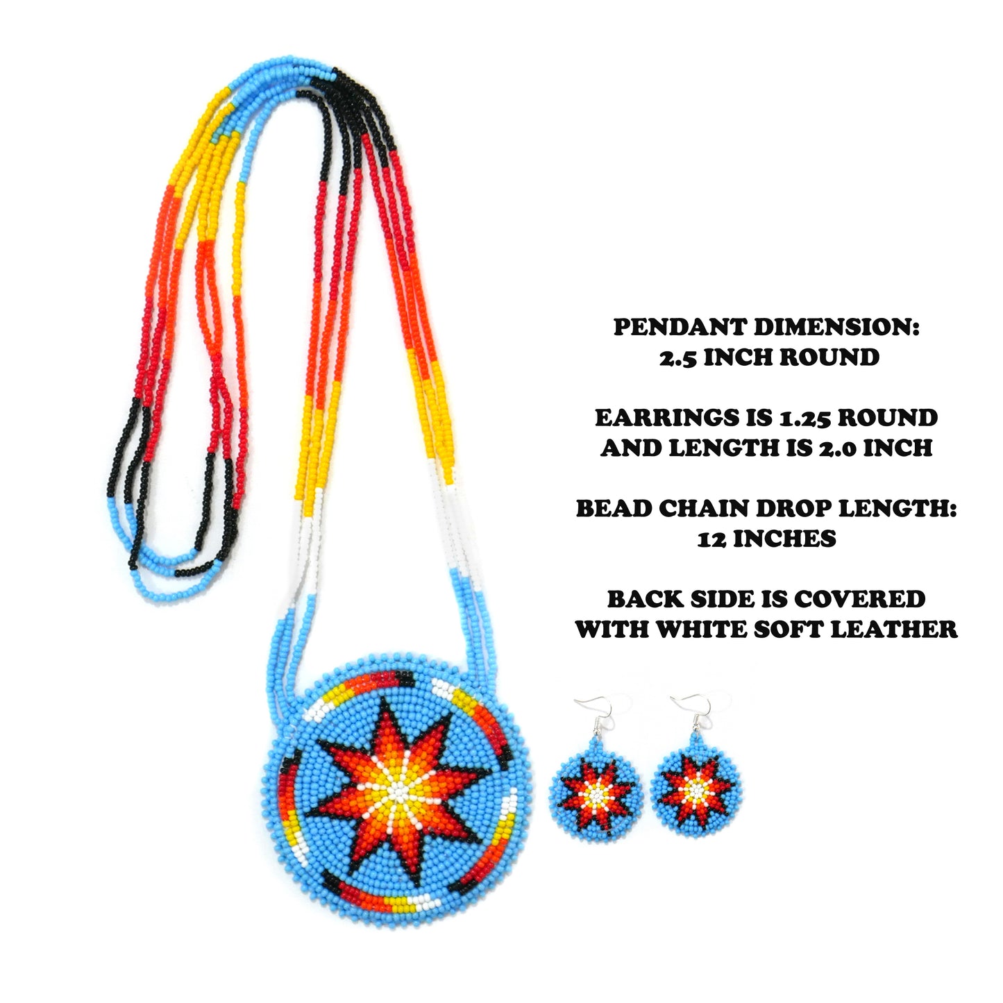 Sky-Blue Native American Beaded Morning Star Medallion Necklace With Beaded Earring ( Handmade )