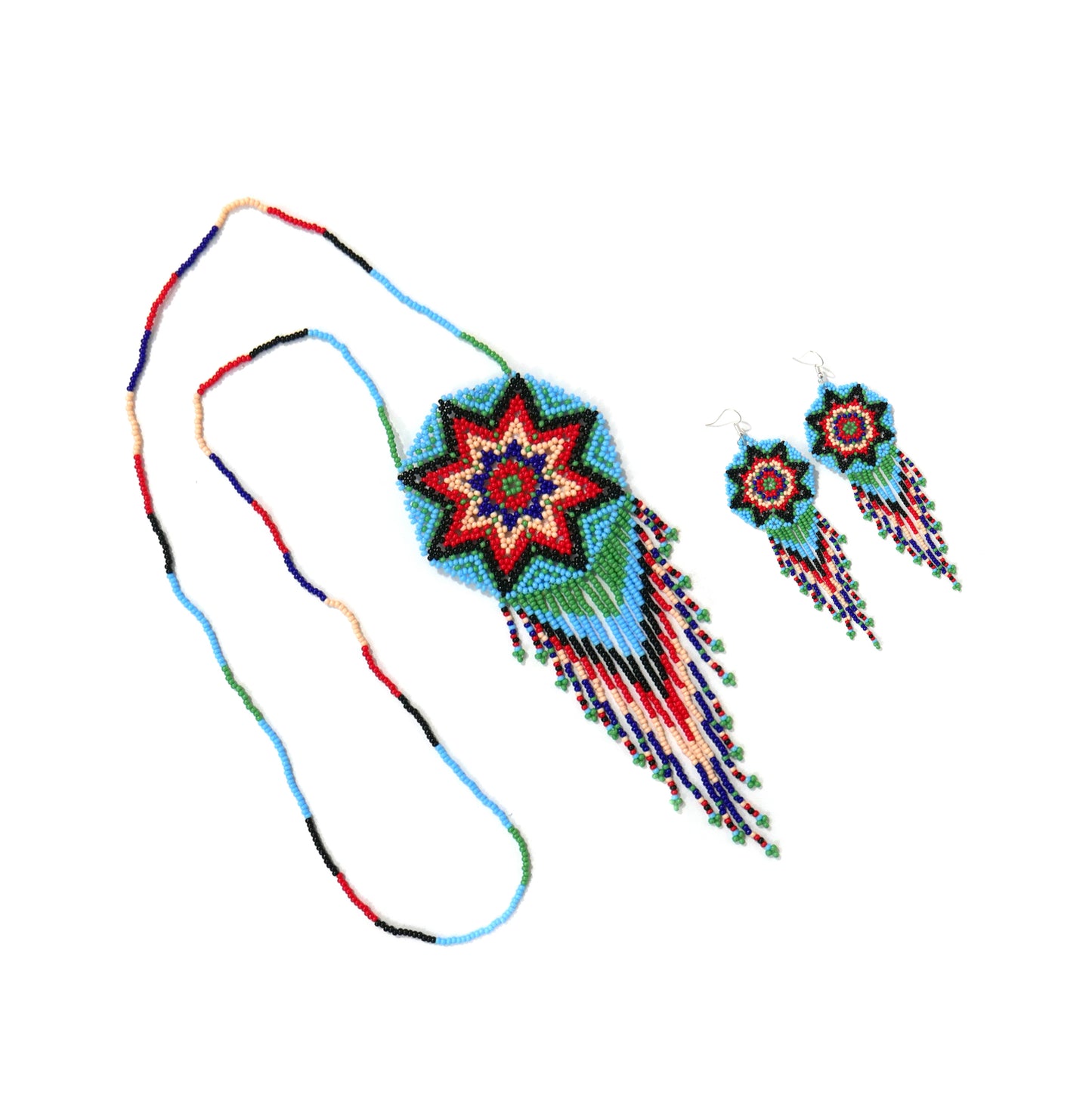 Sky-Blue Multi-Color Native American Star Beaded Medallion Necklace ( Handmade )