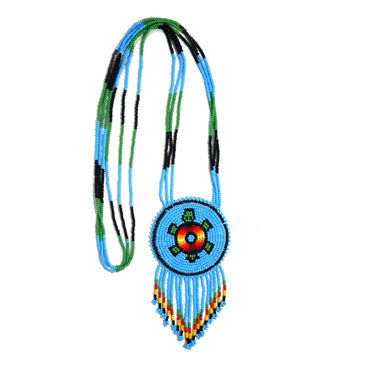 Sky-Blue Native American Turtle Beaded Medallion Necklace ( Handmade )