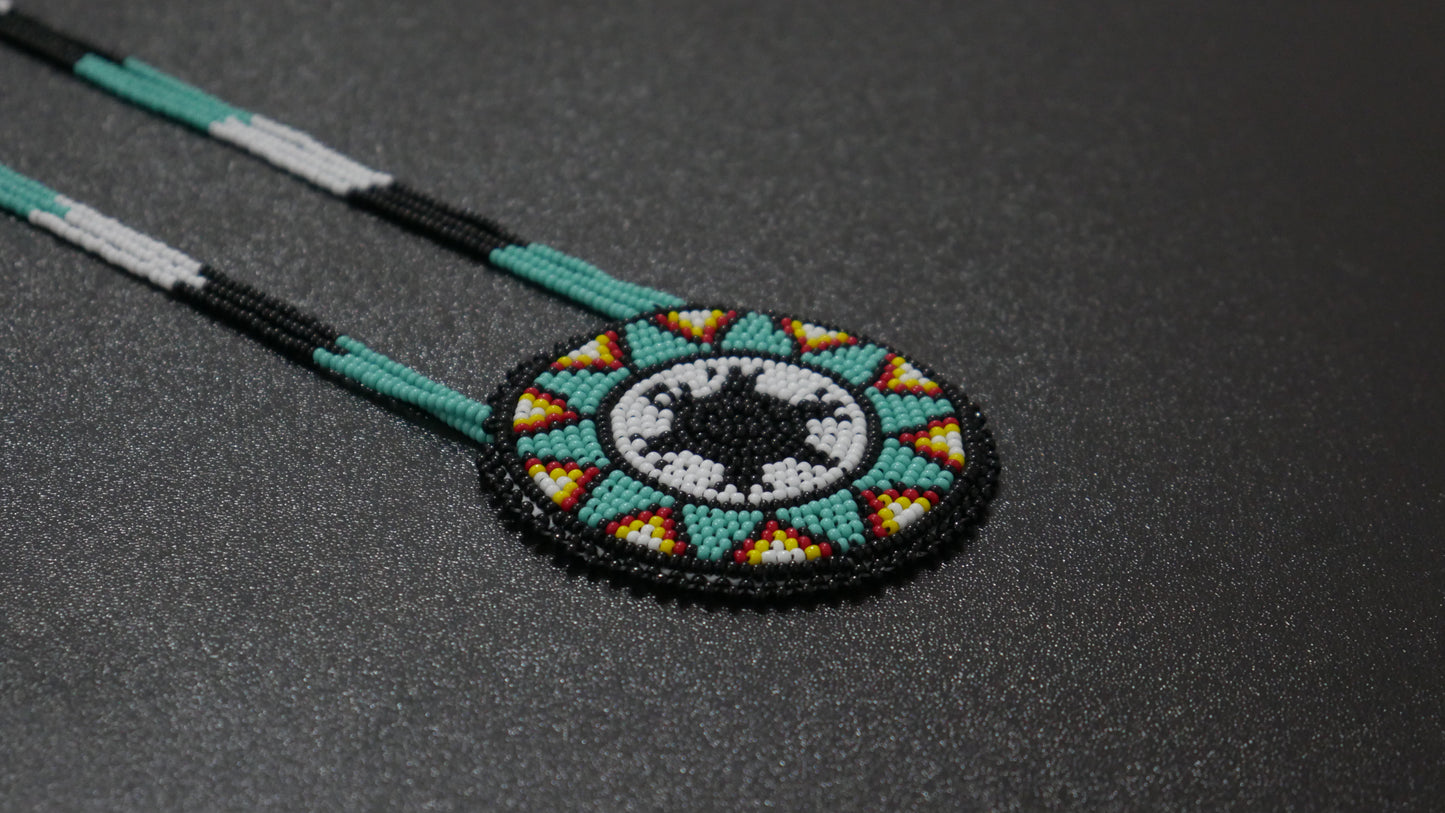 Turquoise & Black Native American Beaded Turtle Medallion ( Handmade )
