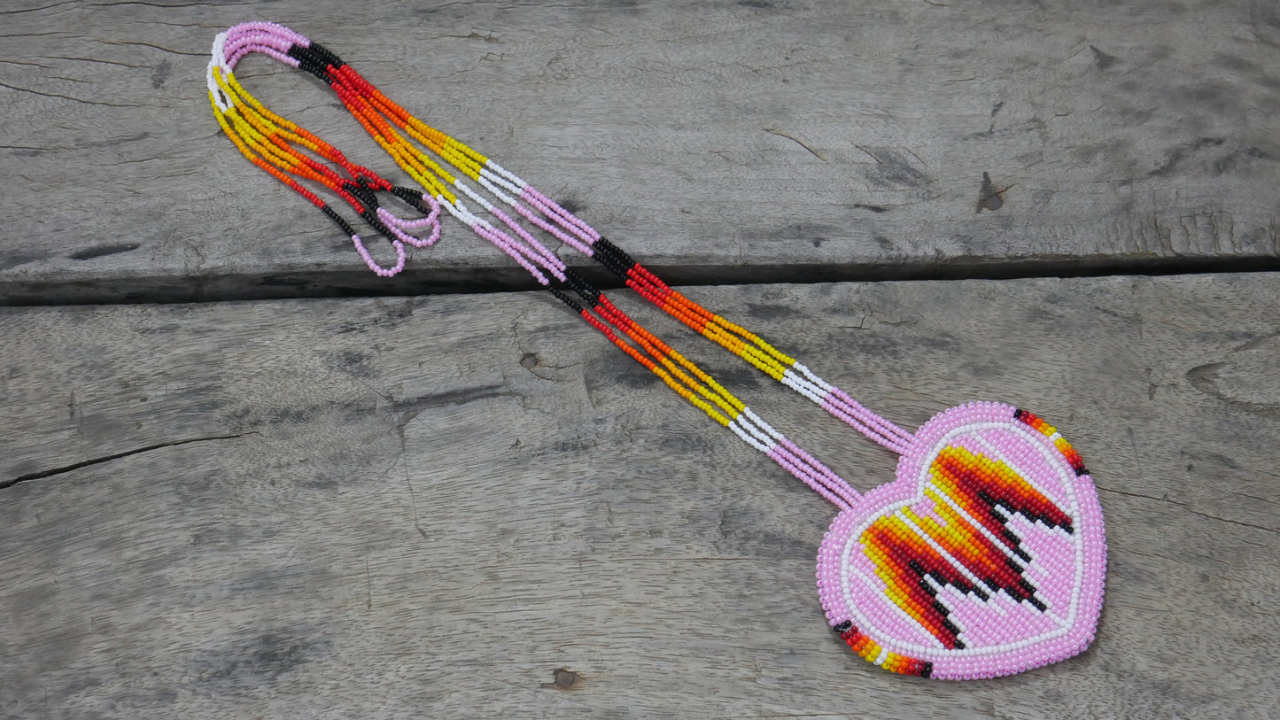 Pink Heart Native American Beaded Medallion Necklace ( Handmade )