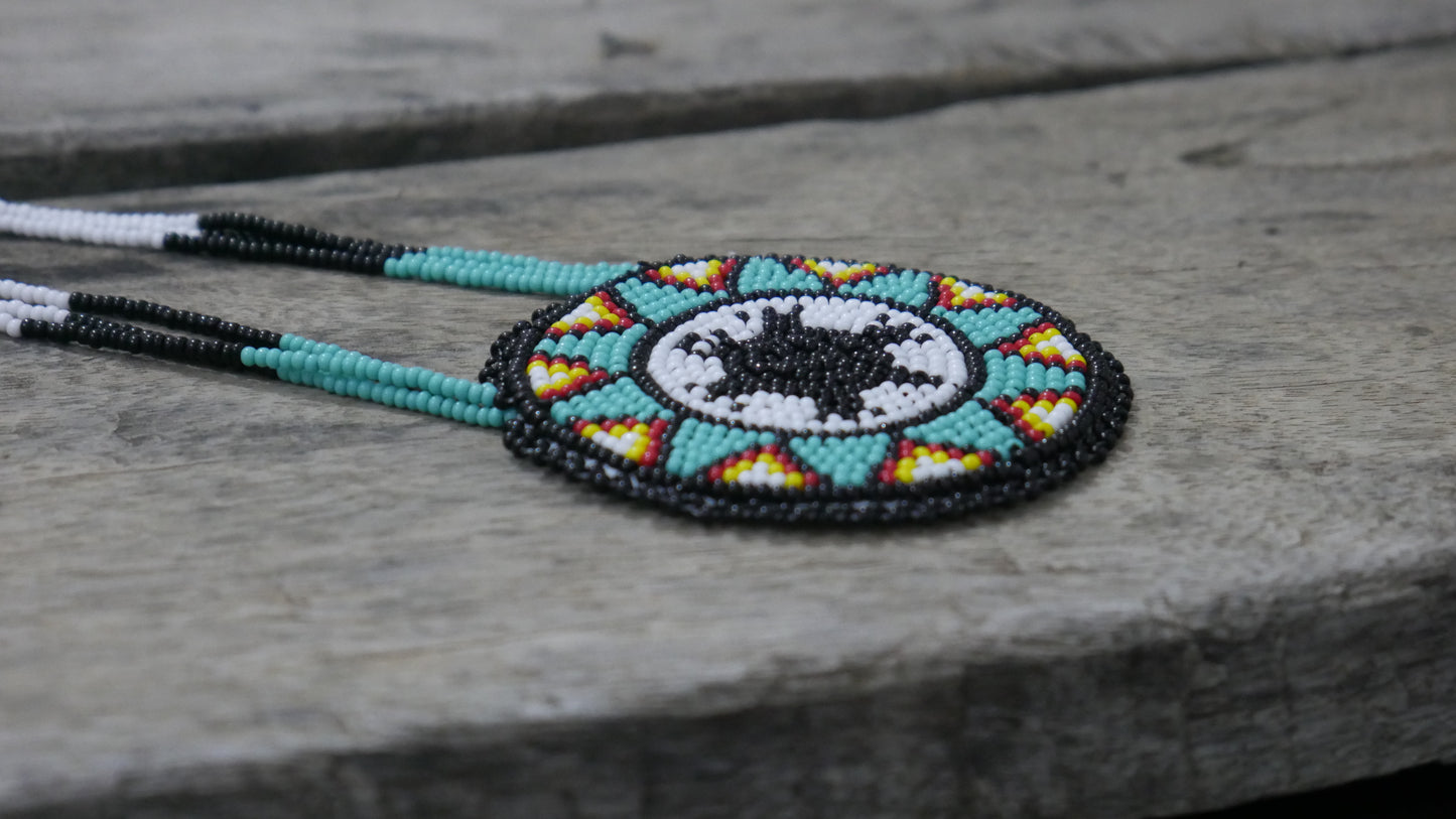 Turquoise & Black Native American Beaded Turtle Medallion ( Handmade )