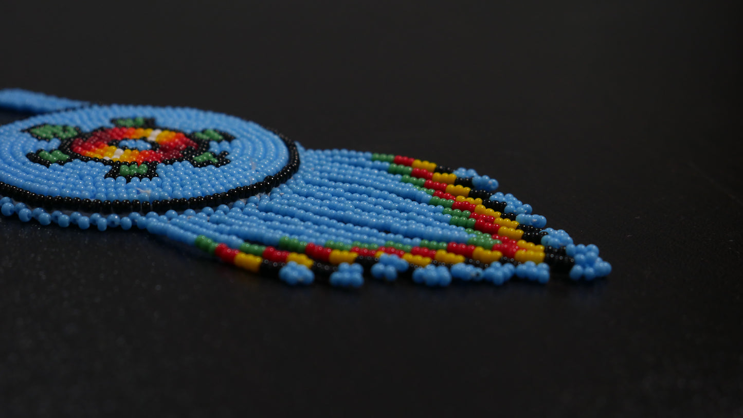 Sky-Blue Native American Turtle Beaded Medallion Necklace ( Handmade )