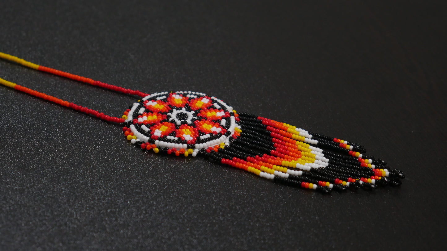 fire Color Native American Morning Star Beaded Medallion Necklace ( Handmade )