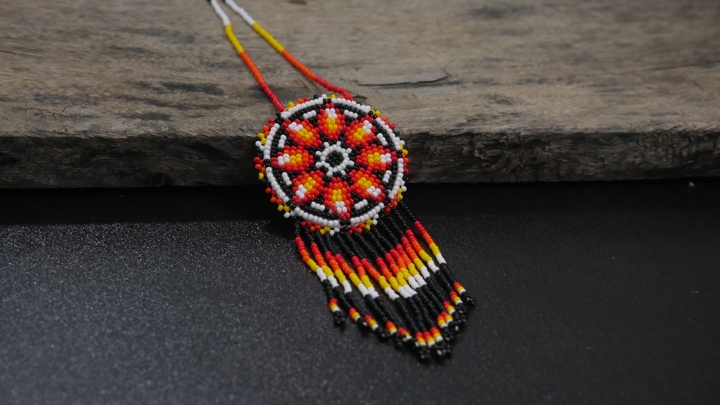 fire Color Native American Morning Star Beaded Medallion Necklace ( Handmade )