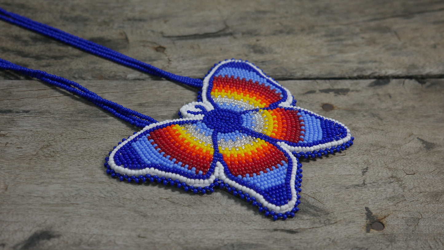 Blue Native American Butterfly Beaded Medallion Necklace ( Handmade )
