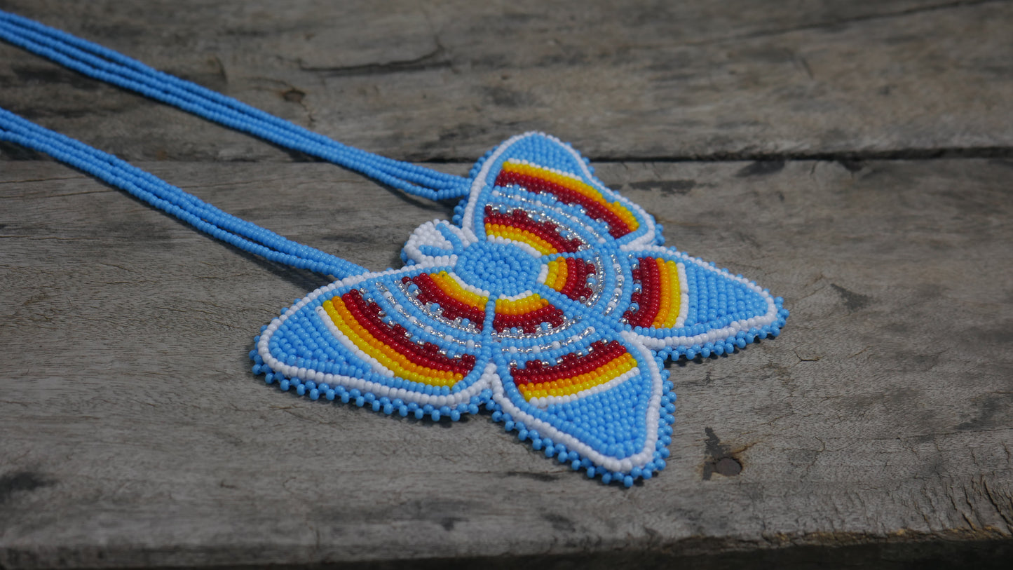 Sky-Blue Native American Butterfly Beaded Medallion Necklace ( Handmade )