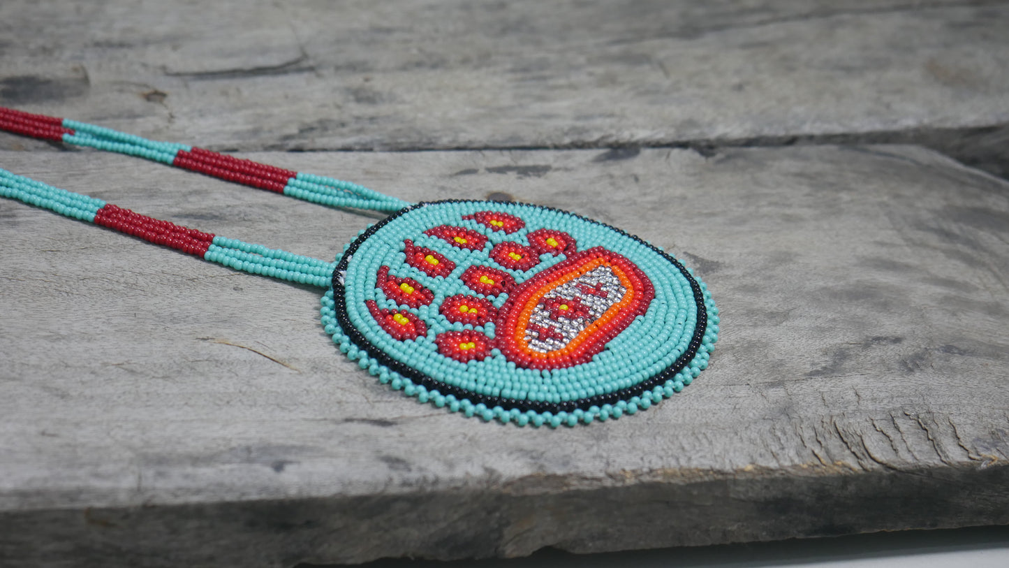 Turquoise Native American Bear Paw Beaded Medallion Necklace ( Handmade )