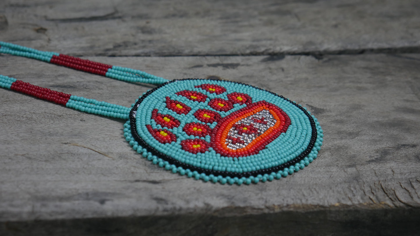 Turquoise Native American Bear Paw Beaded Medallion Necklace ( Handmade )
