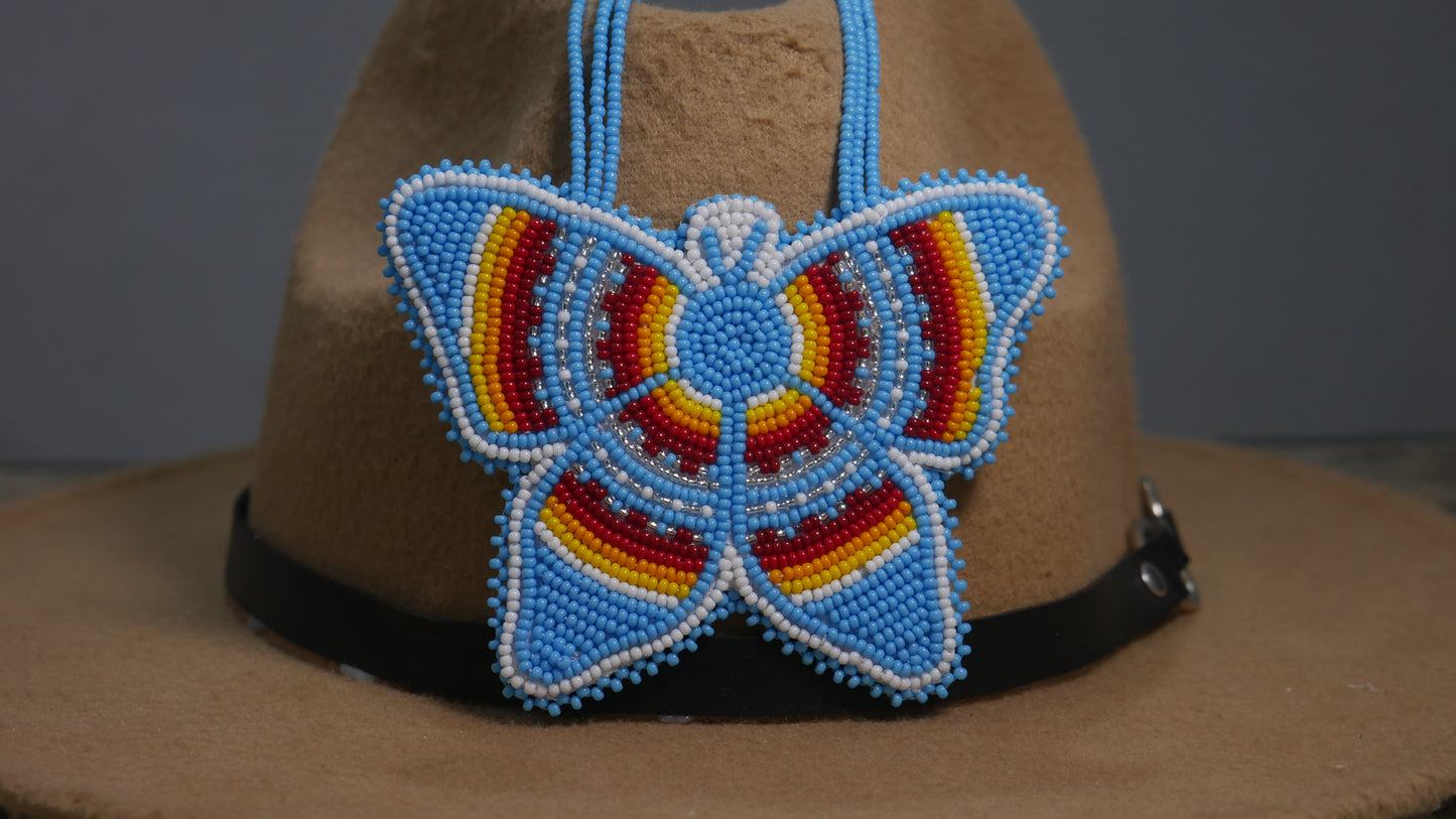 Sky-Blue Native American Butterfly Beaded Medallion Necklace ( Handmade )