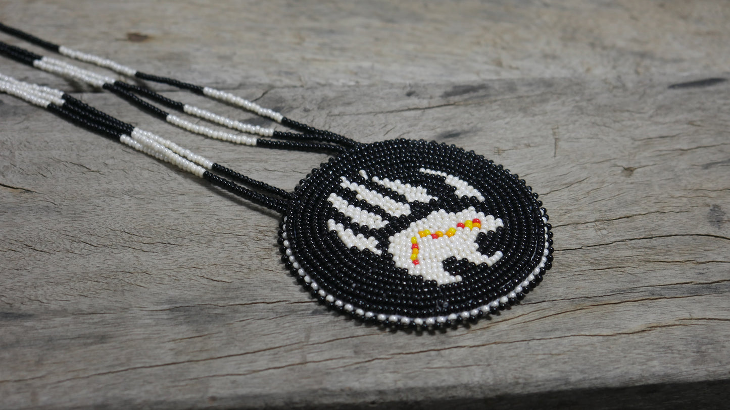 Cream Native American Bear-paw Beaded Medallion Necklace ( Handmade )