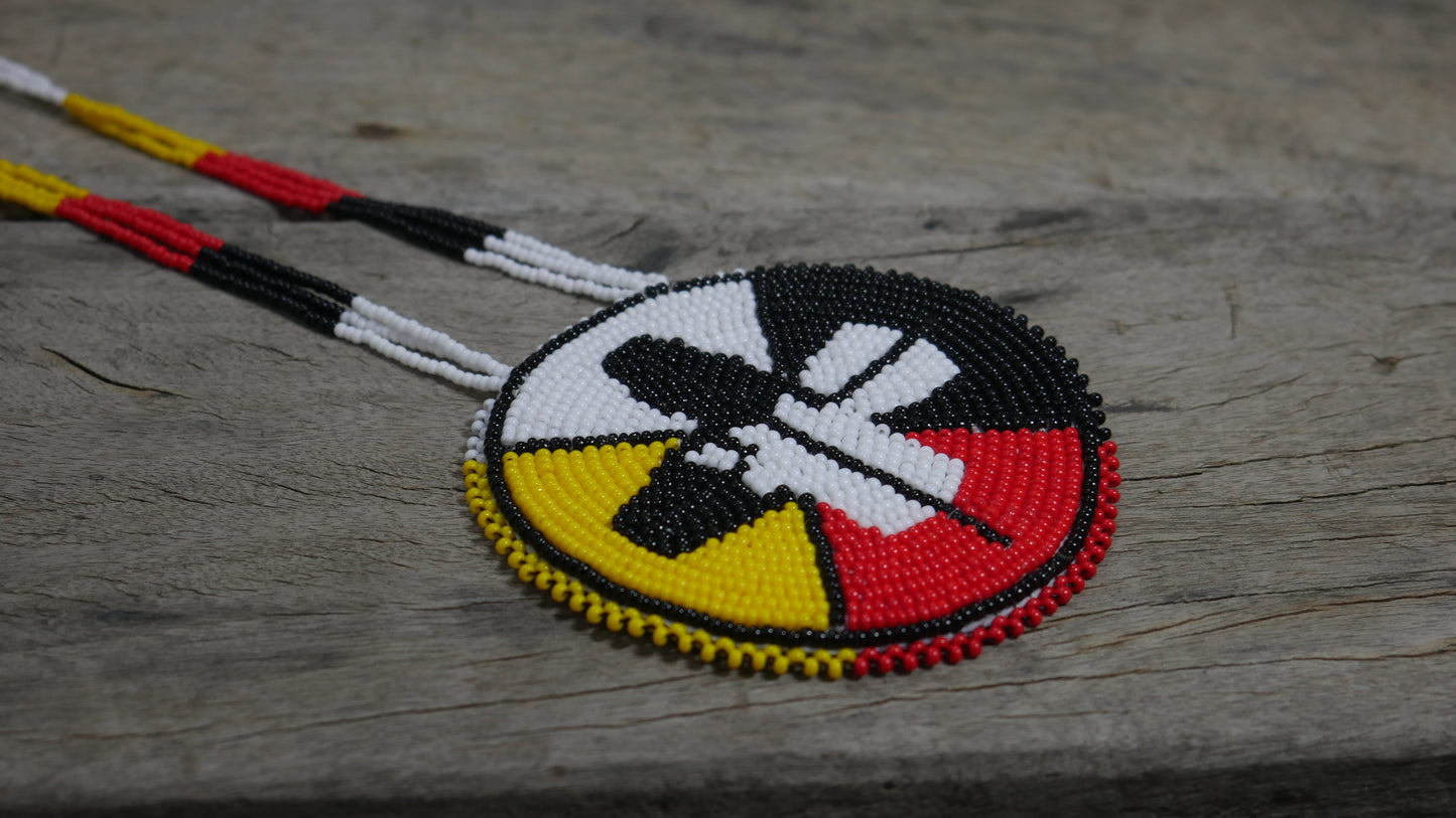 Multi-color Native American 4 Direction Feather Beaded Medallion Necklace ( Handmade )