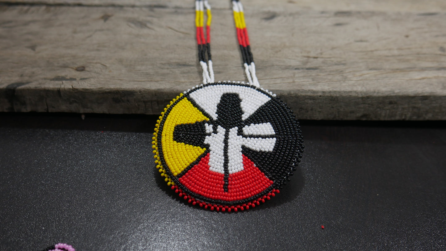 Multi-color Native American 4 Direction Feather Beaded Medallion Necklace ( Handmade )
