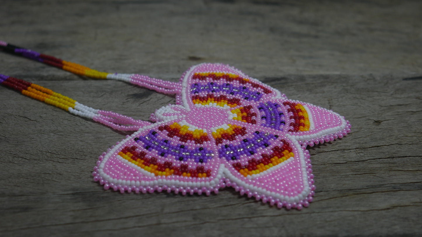 Pink Native American Butterfly Beaded Medallion Necklace ( Handmade )