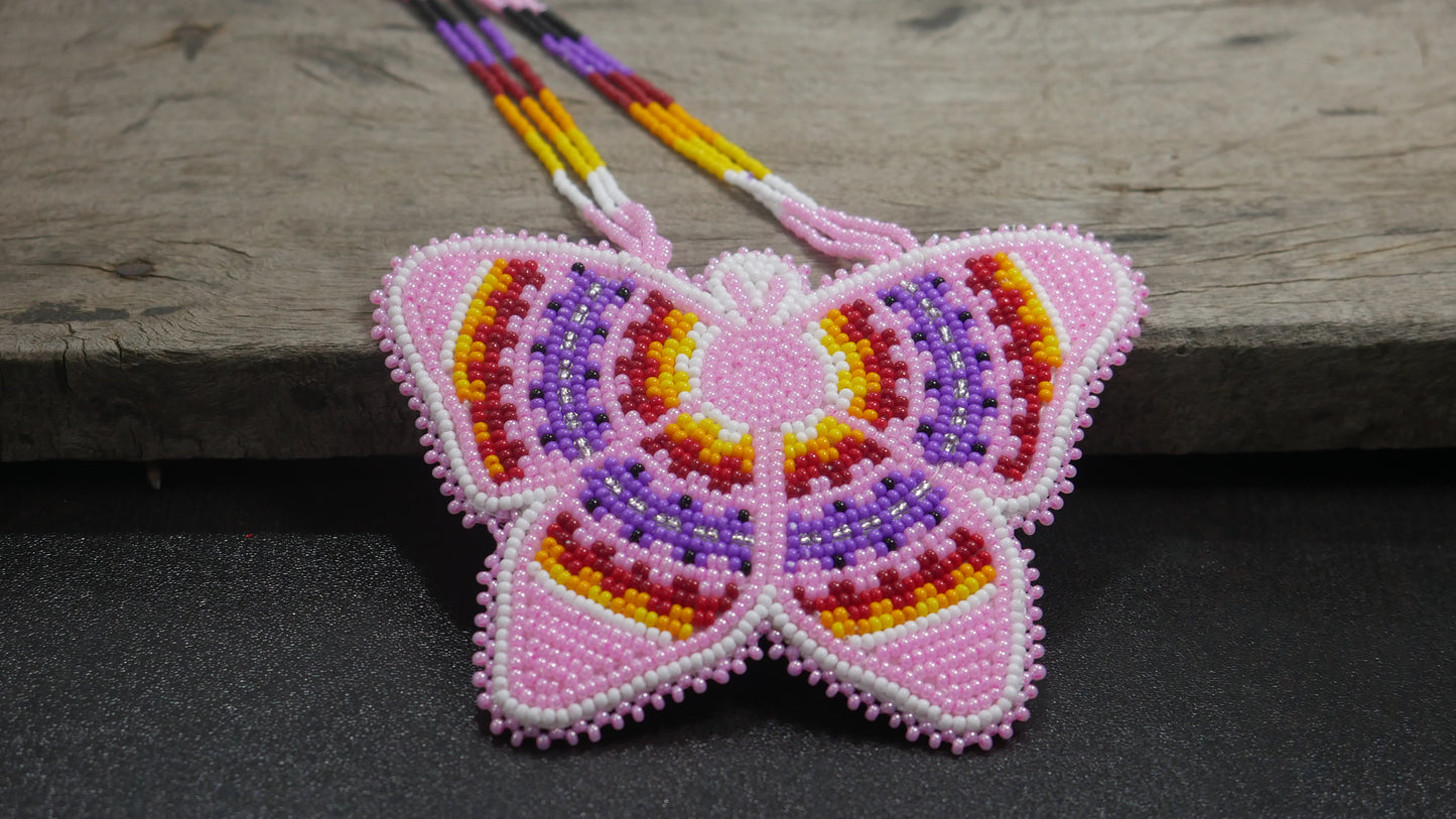 Pink Native American Butterfly Beaded Medallion Necklace ( Handmade )
