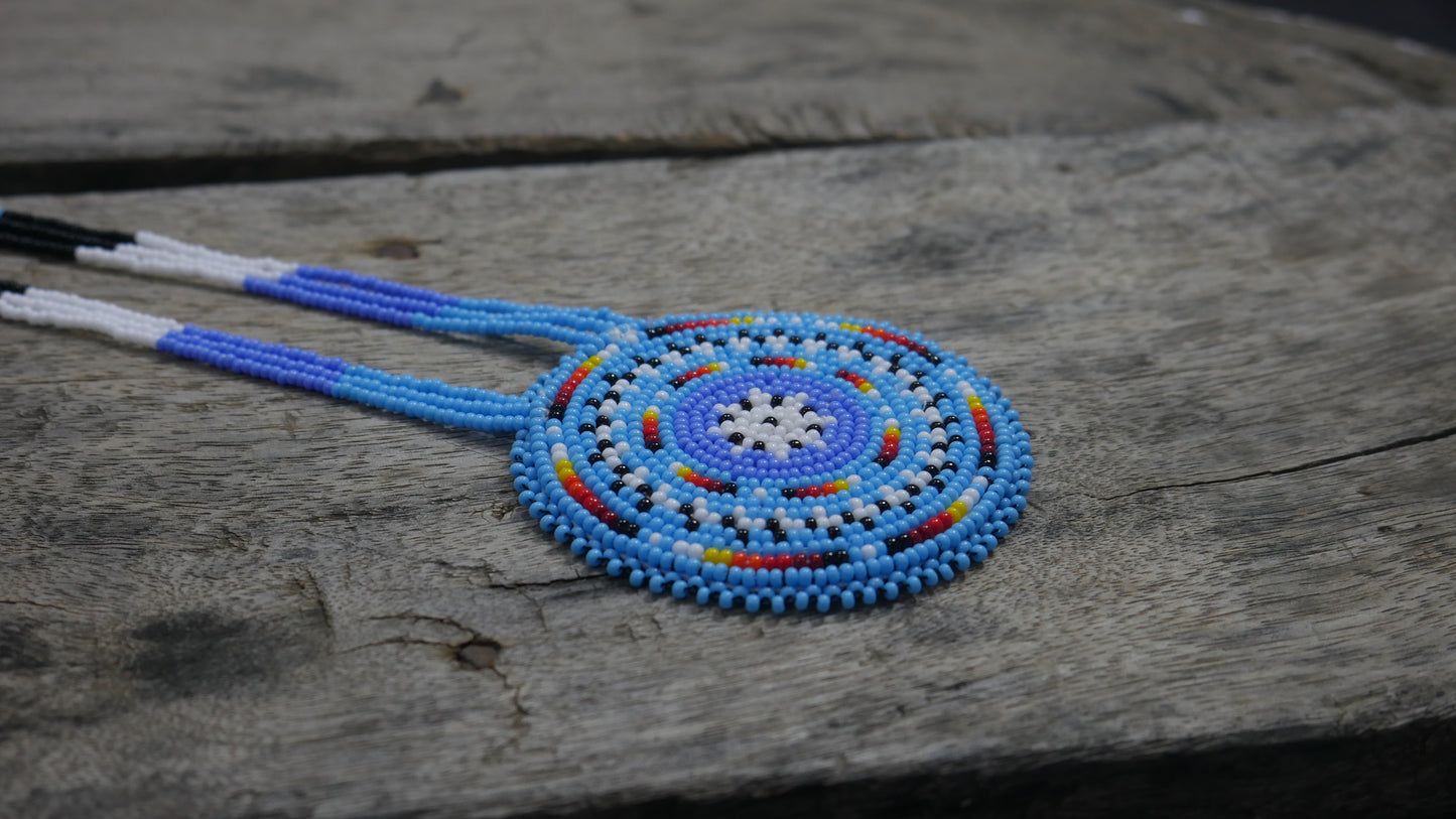 Sky-Blue Native American Geometric Beaded Medallion Necklace ( Handmade )