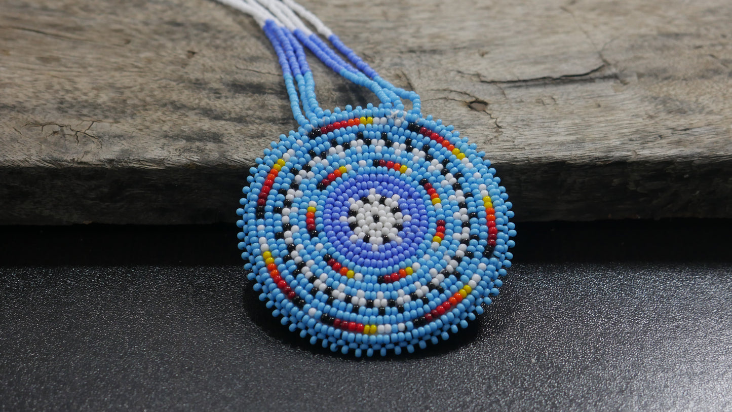Sky-Blue Native American Geometric Beaded Medallion Necklace ( Handmade )