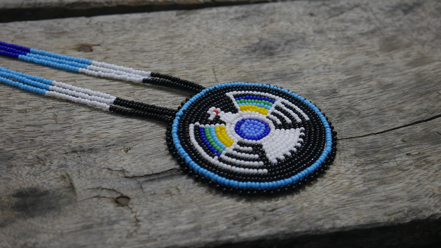 Black Native American Thunder Bird Beaded Medallion Necklace ( Handmade )
