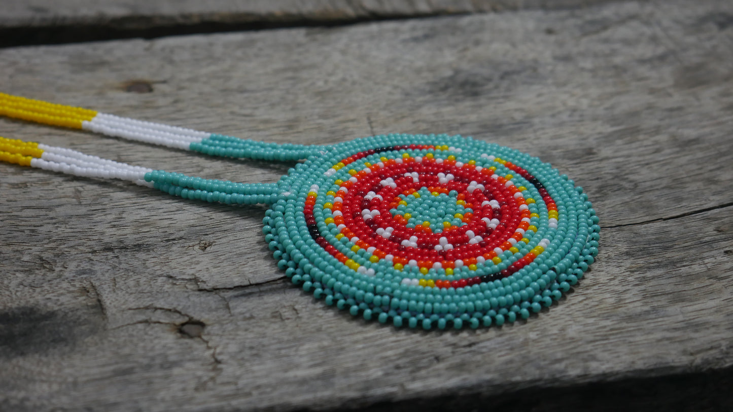 Turquoise Native American Geometric Beaded Medallion Necklace ( Handmade )