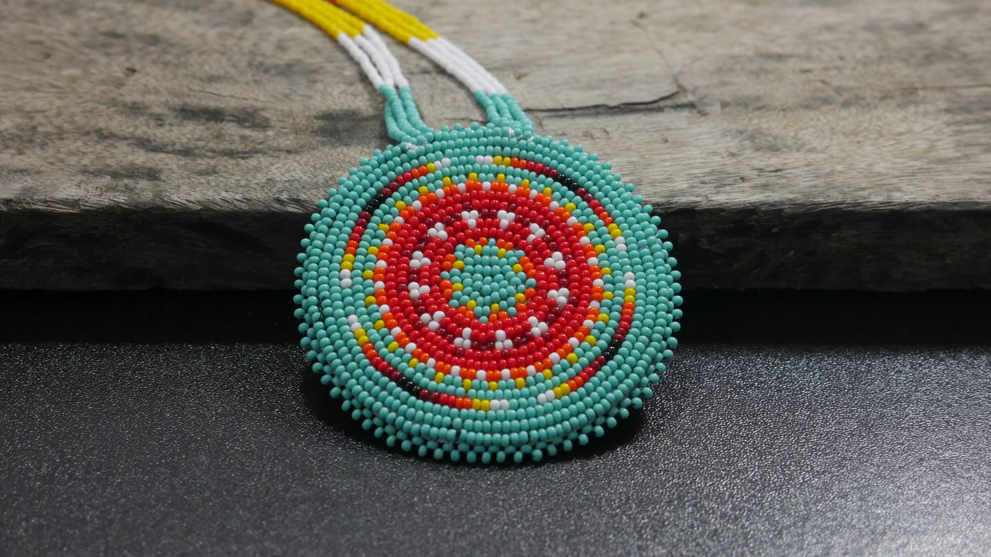 Turquoise Native American Geometric Beaded Medallion Necklace ( Handmade )