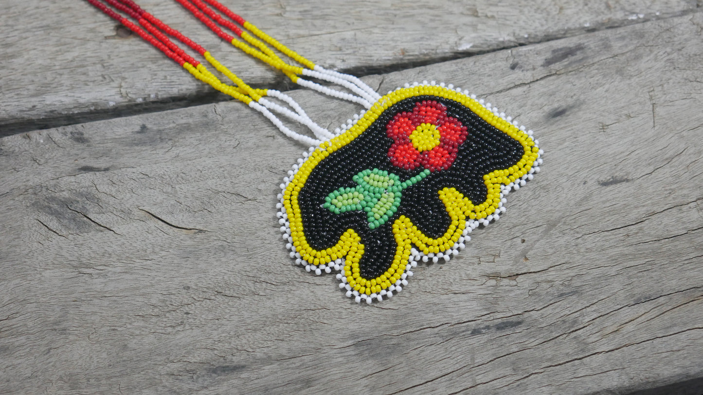 Black Native American Flower Bear-Paw Beaded Medallion Necklace ( Handmade )