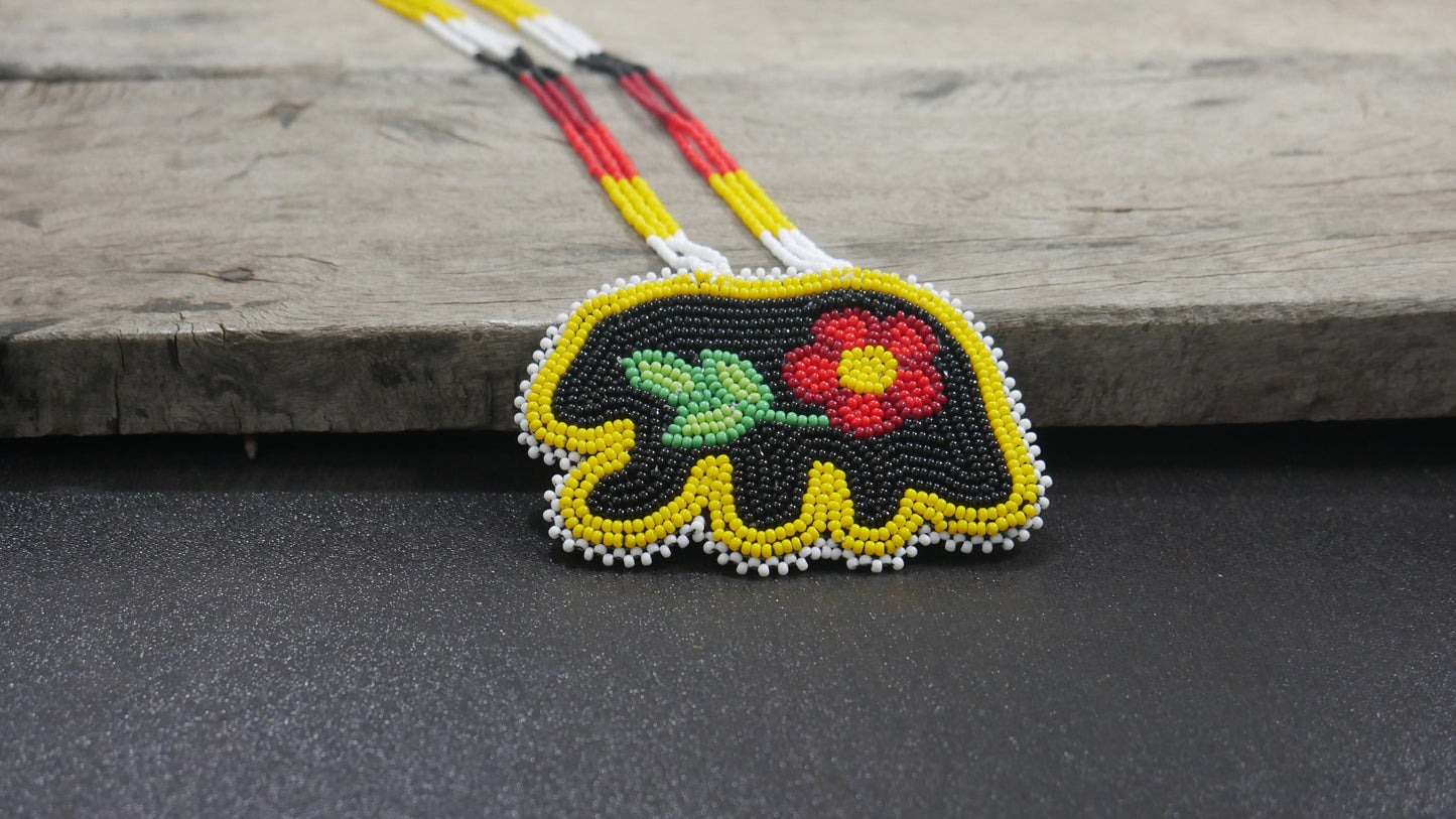 Black Native American Flower Bear-Paw Beaded Medallion Necklace ( Handmade )