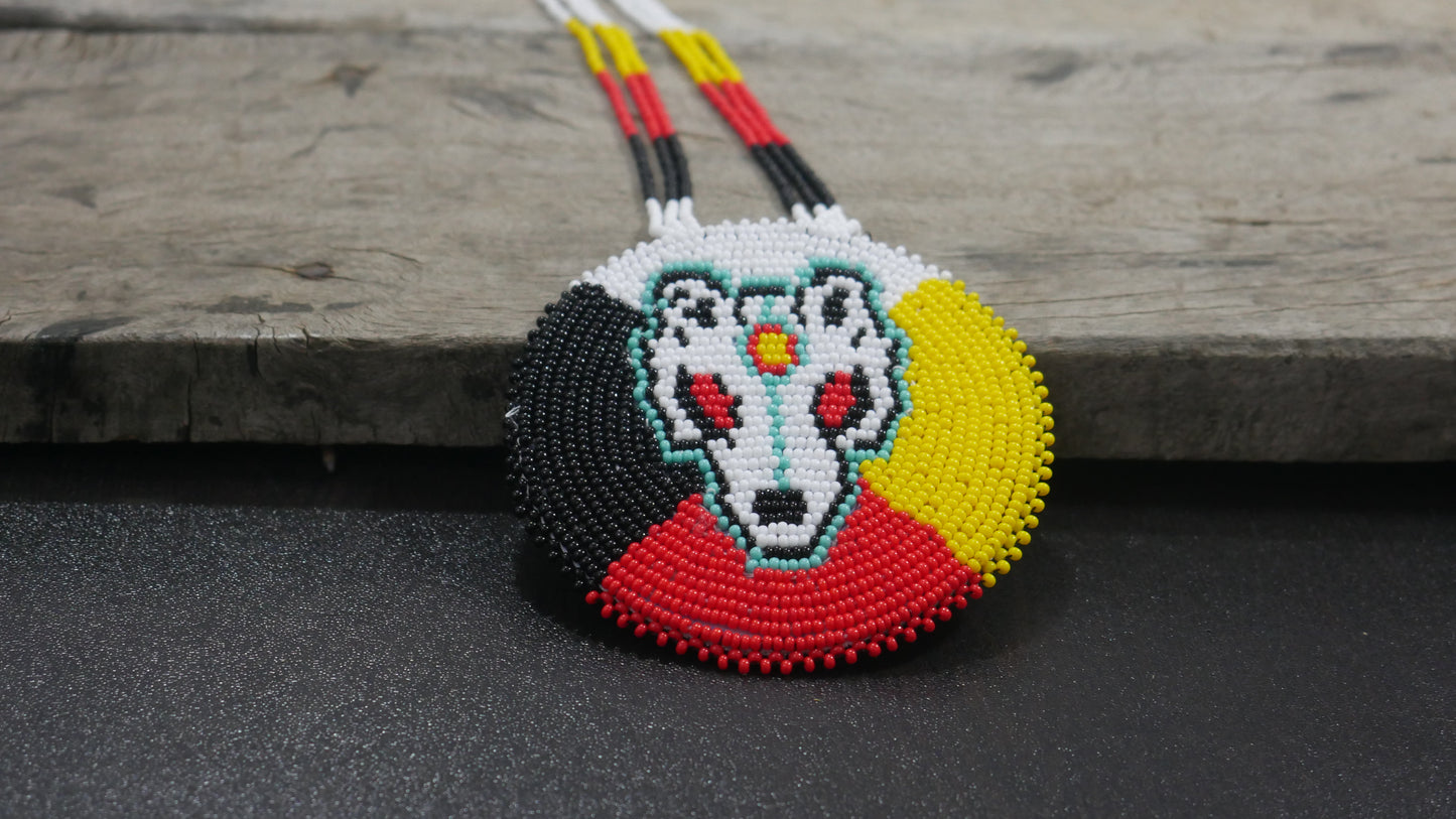 Multi-Color Native American 4 direction Wolf Beaded Medallion Necklace ( Handmade )