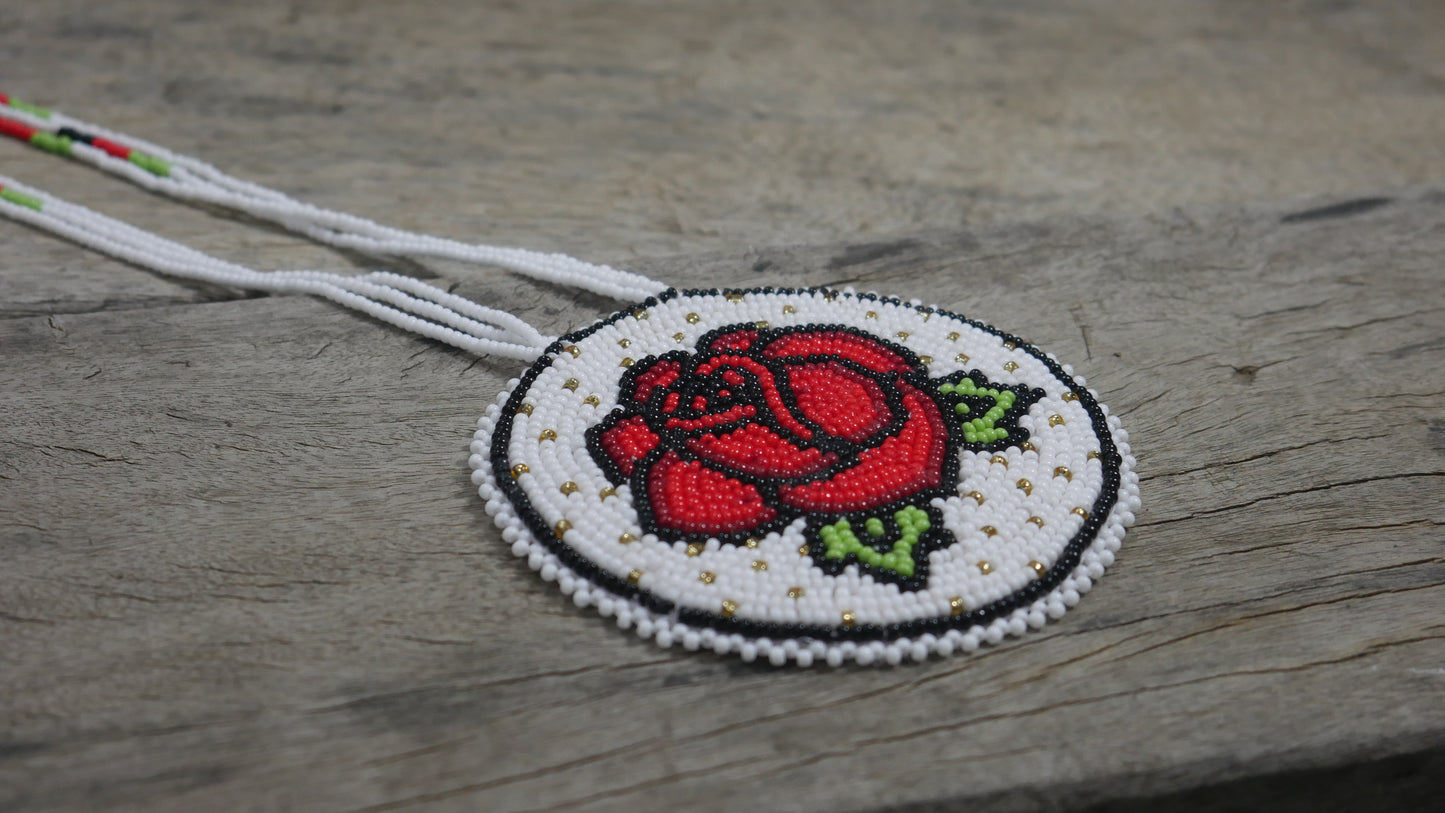 White Native American Rose Beaded Medallion Necklace ( Handmade )