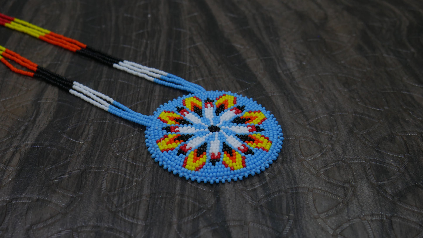 Sky-Blue Native American Oklahoma Beaded Medallion Necklace ( Handmade )