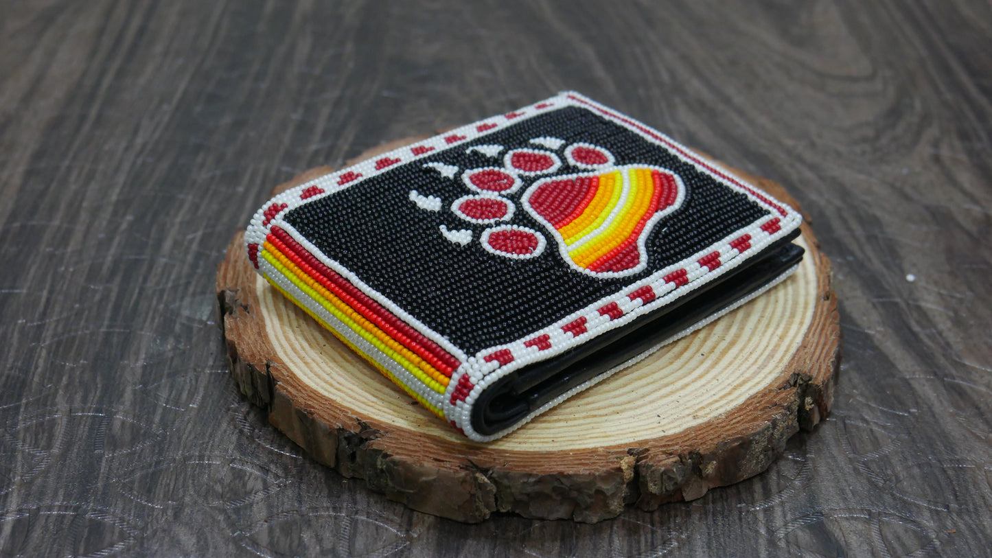 Black Bear-Paw Handmade beaded Leather Wallet seed bead Native American Beadwork| traditional gifts for men and women