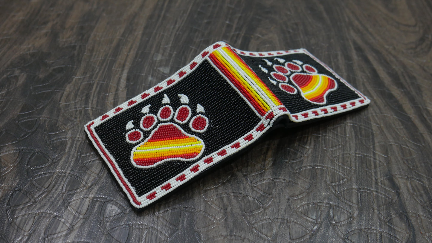 Black Bear-Paw Handmade beaded Leather Wallet seed bead Native American Beadwork| traditional gifts for men and women