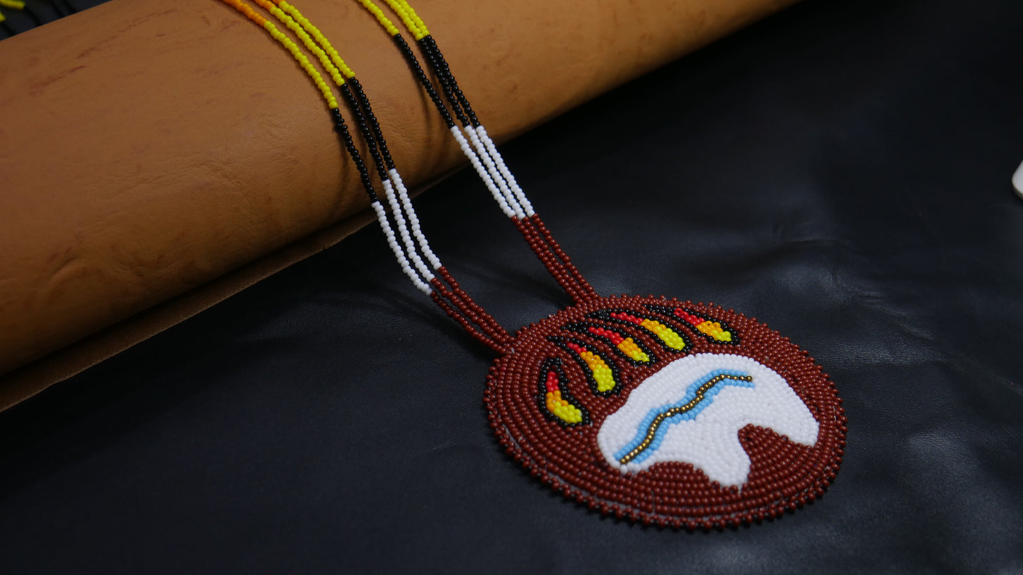 Brown Native American Bear-Paw Beaded Medallion Necklace ( Handmade )