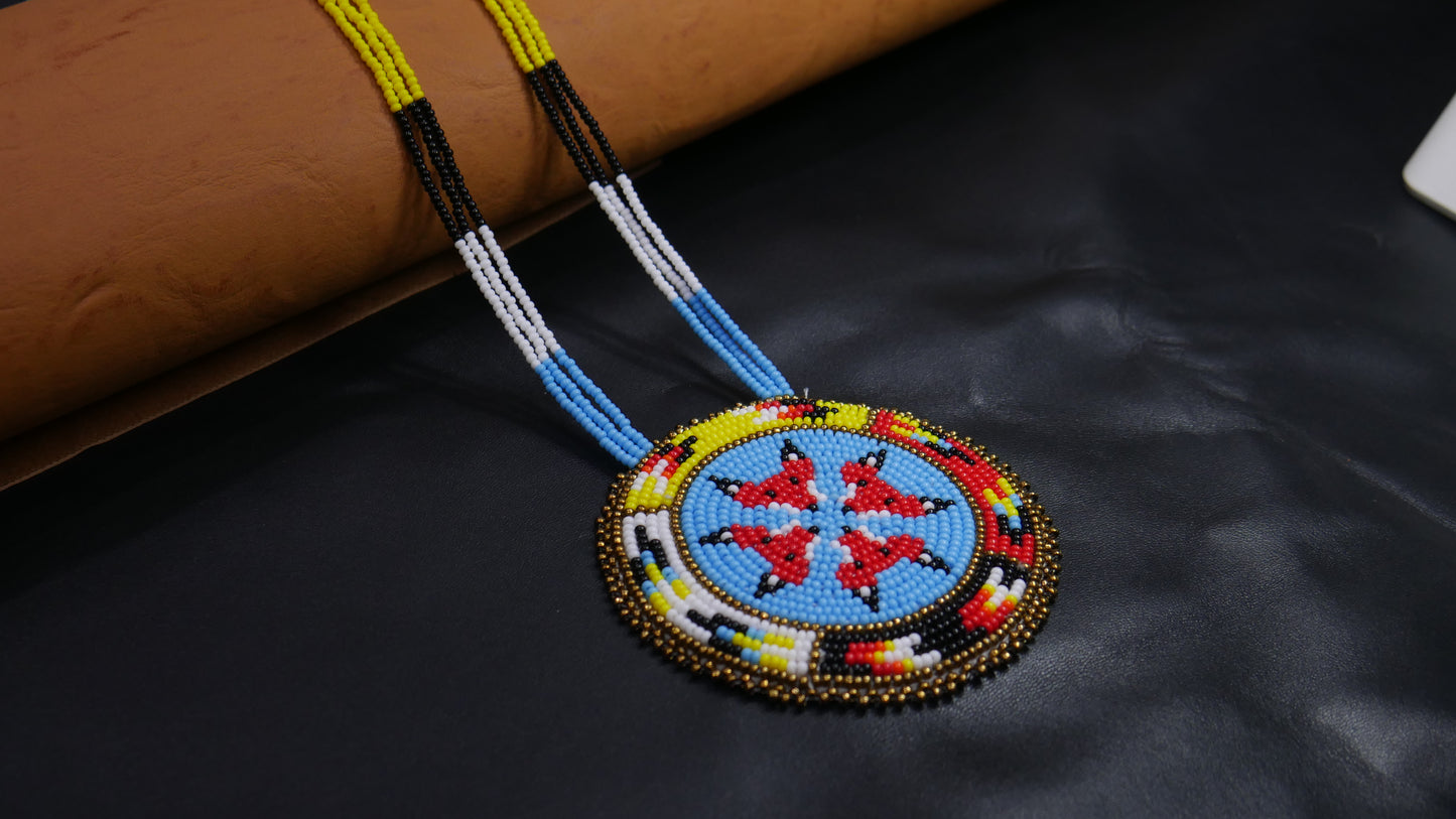 Sky-Blue Native American 4-Fox Beaded Medallion Necklace ( Handmade )