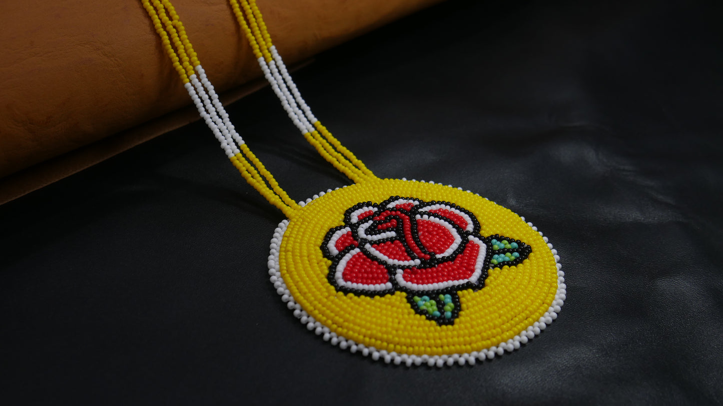 yellow Native American Rose Beaded Medallion Necklace ( Handmade )