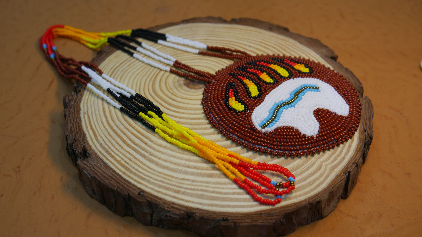 Brown Native American Bear-Paw Beaded Medallion Necklace ( Handmade )