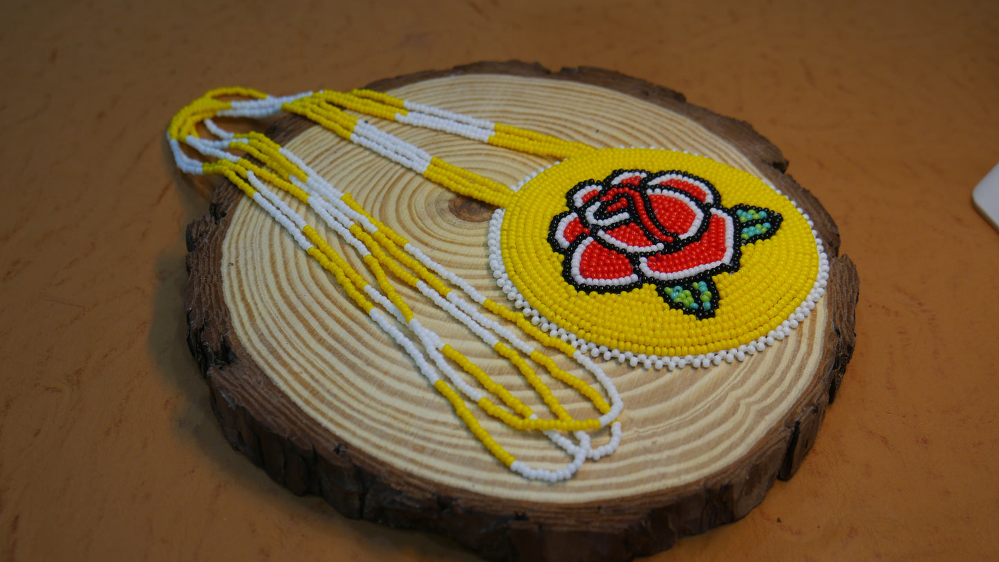 yellow Native American Rose Beaded Medallion Necklace ( Handmade )