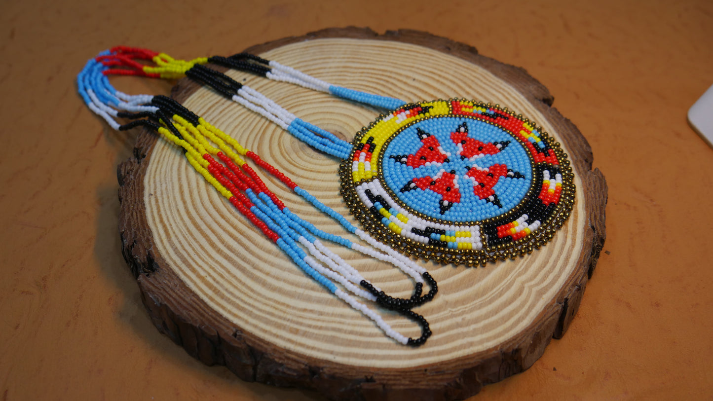 Sky-Blue Native American 4-Fox Beaded Medallion Necklace ( Handmade )