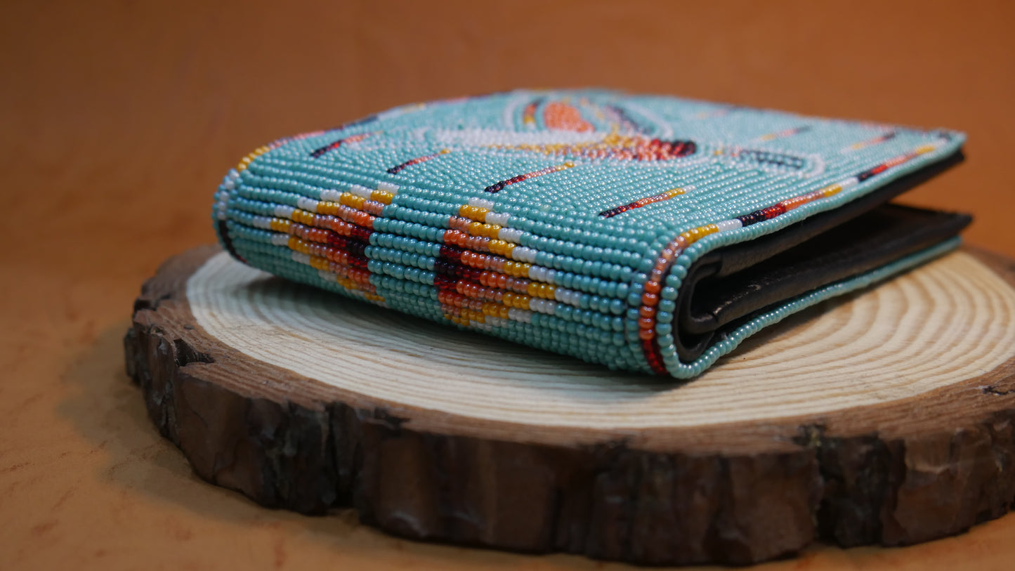 Turquoise Hummingbird Handmade beaded Leather Wallet seed bead Native American Beadwork| traditional gifts for men and women